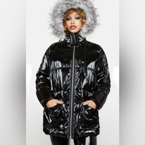 Dolls kill poster girl pvc shiny winter puffer gray fur trim jacket